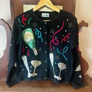 Rare VTG Paul Harris Designs Champagne/Cocktail Party BLACK Cardigan:  LARGE